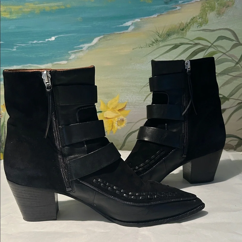 Isabel Marant Black Dickey Suede and Leather Triple Buckle Ankle Booties